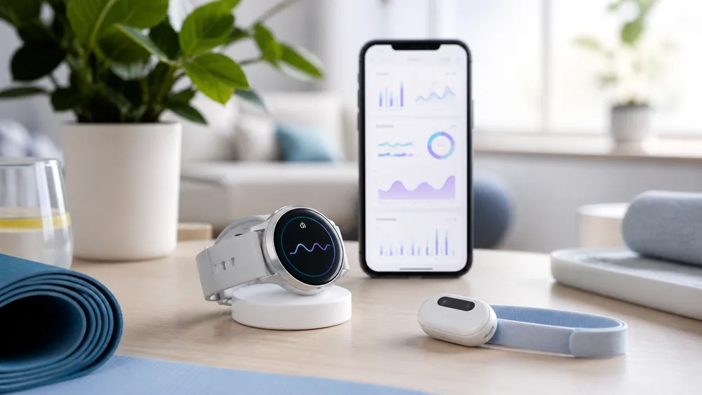 Health smartwatch on a charging dock beside a phone showing health tracking charts and a wearable sensor band.