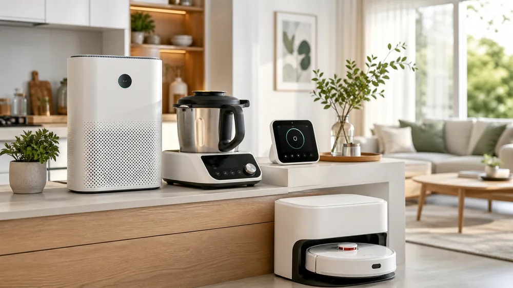 Air purifier, countertop cooking appliance, smart display and robot vacuum in a modern open-plan kitchen and living room.