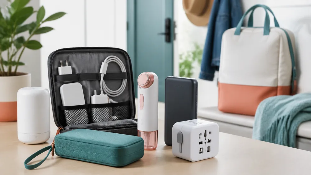 Travel tech organiser with chargers and cables, power bank, universal travel adapter and personal care devices on a hallway table.