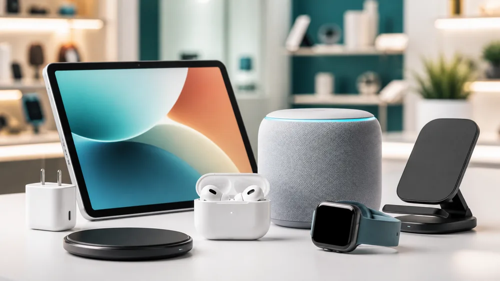 Tablet, wireless earbuds, smart speaker, smartwatch and charging accessories on a retail display counter.
